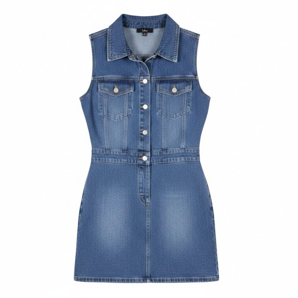 Women's Lulus Blue Denim Sleeveless Button-Front Shirt Dress Pockets Size M